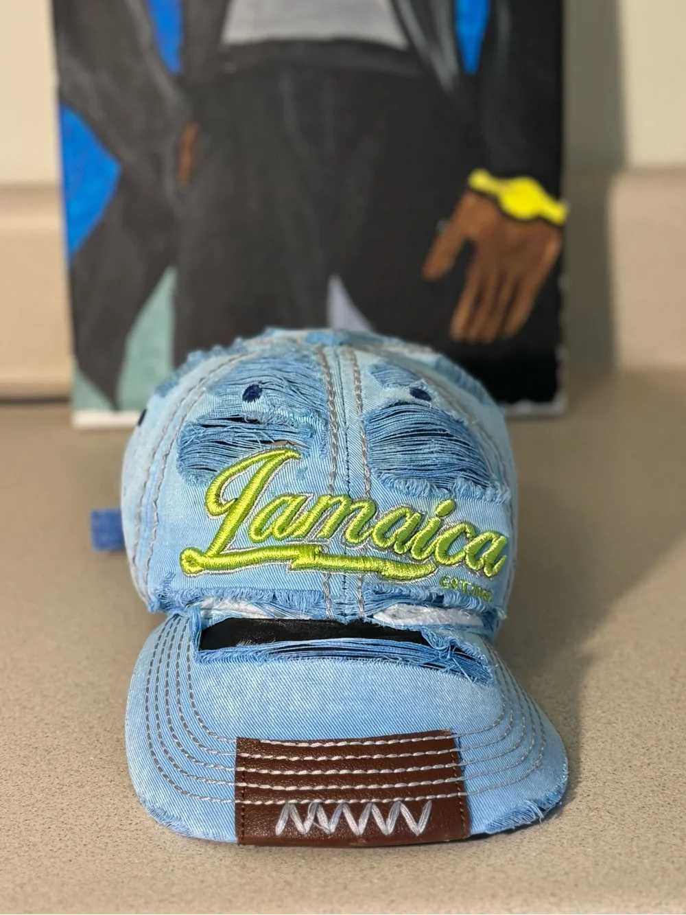 Light Blue Distressed Denim Baseball Cap with Yellow Jamaica Script | Unisex